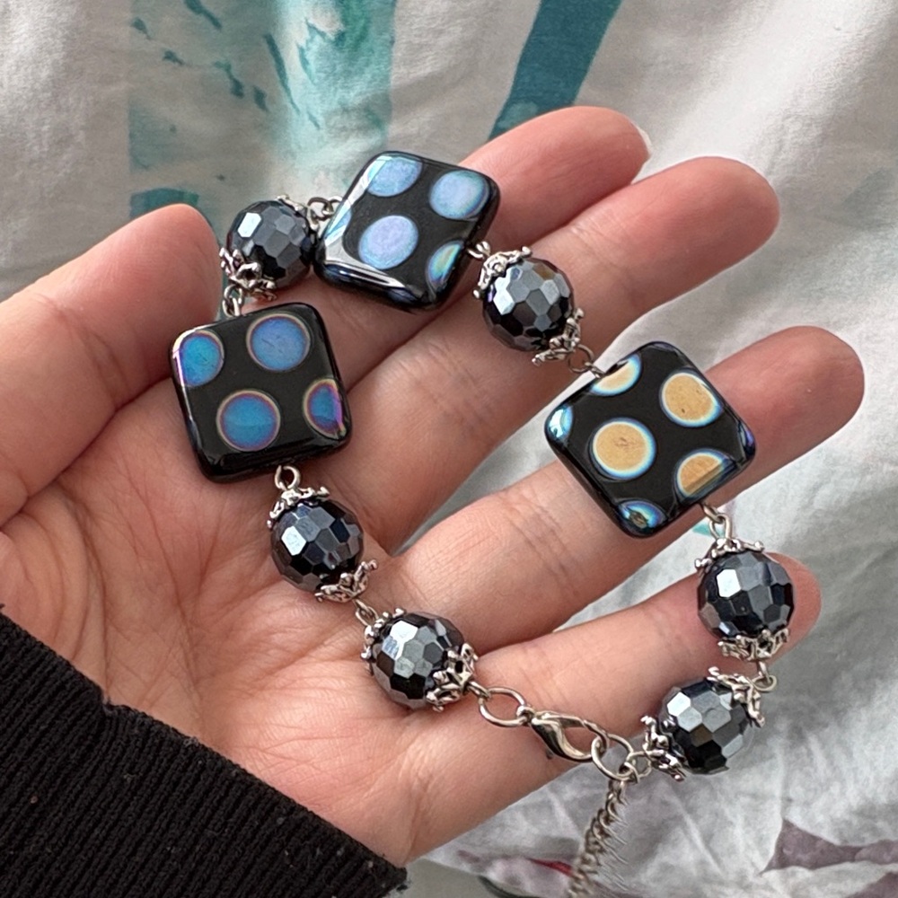 Elegant Black and Silver Polka Dot Duochrome Czech Glass Bracelet